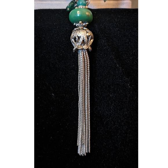 Green Multi-Shape and Color Beaded Silver Tone Tassel Necklace - Picture 3 of 11
